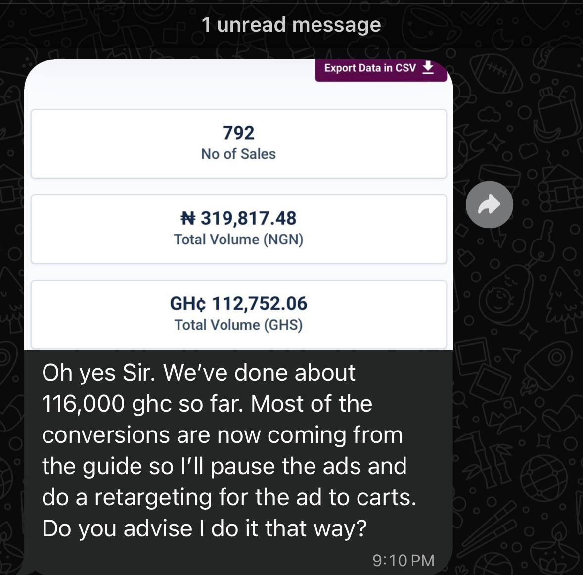Student message confirming about 116,000 GH¢ done so far, above a sales dashboard showing 792 sales and totals in NGN and GHS
